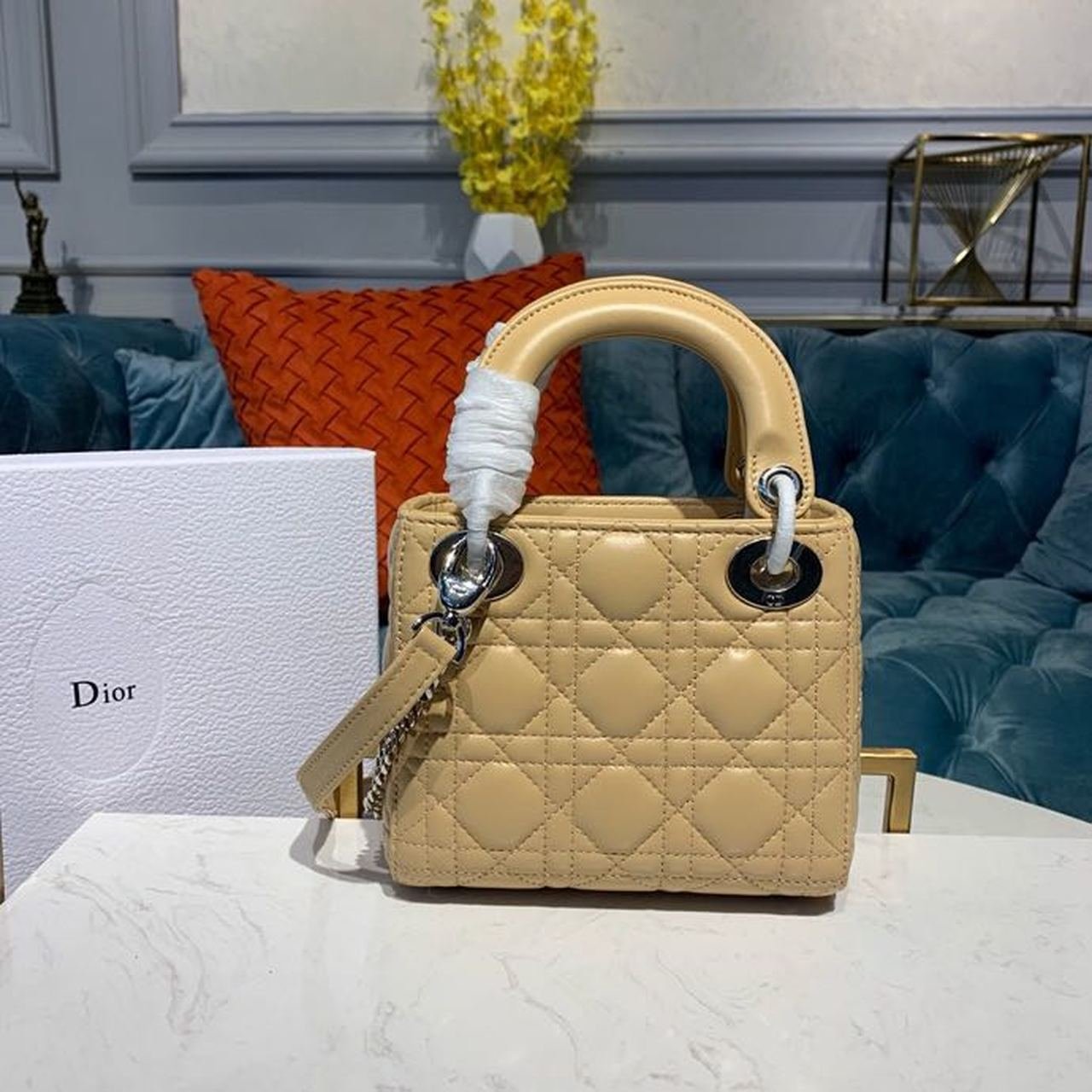 Christian Dior Mini Lady Dior Bag 18cm with Chain Silver Hardware Lambskin Leather Spring/Summer Collection, Beige