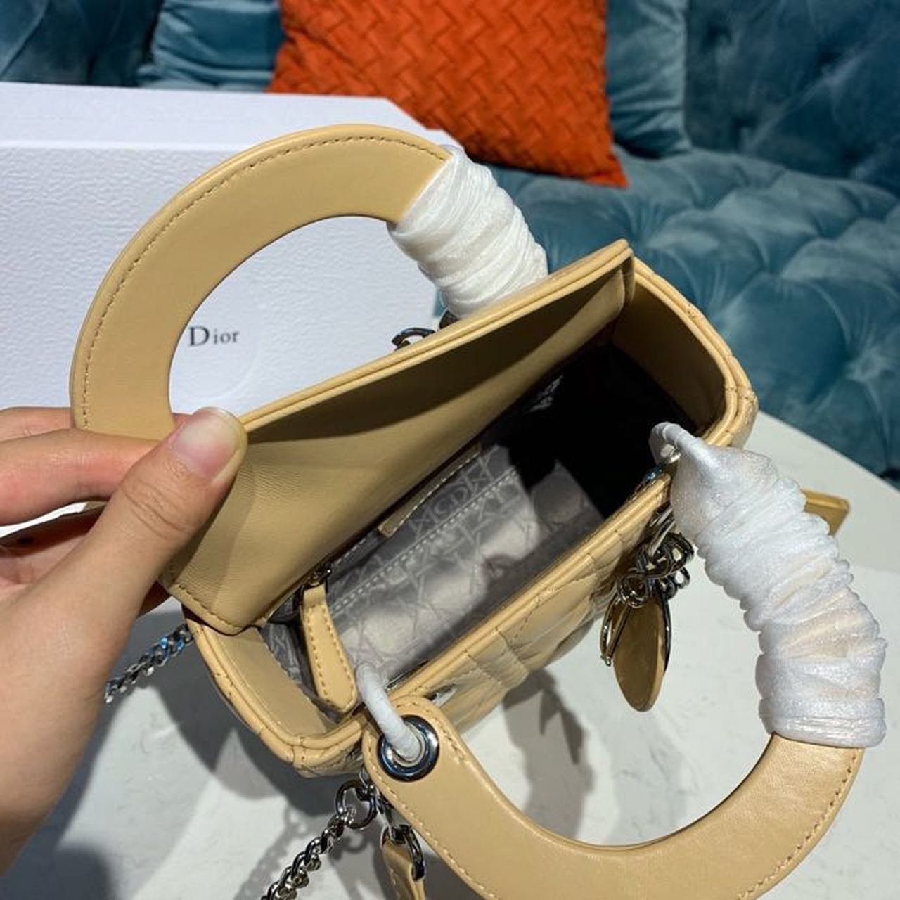 Christian Dior Mini Lady Dior Bag 18cm with Chain Silver Hardware Lambskin Leather Spring/Summer Collection, Beige