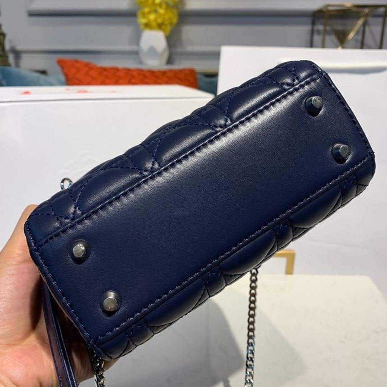 Christian Dior Mini Lady Dior Bag 18cm with Chain Silver Hardware Lambskin Leather Spring/Summer Collection, Navy Blue