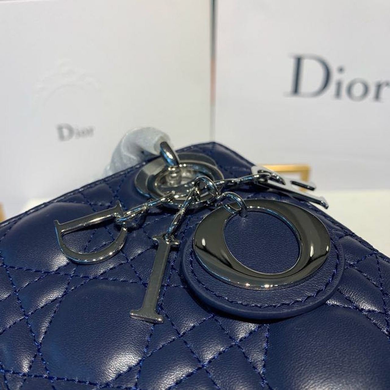 Christian Dior Mini Lady Dior Bag 18cm with Chain Silver Hardware Lambskin Leather Spring/Summer Collection, Navy Blue