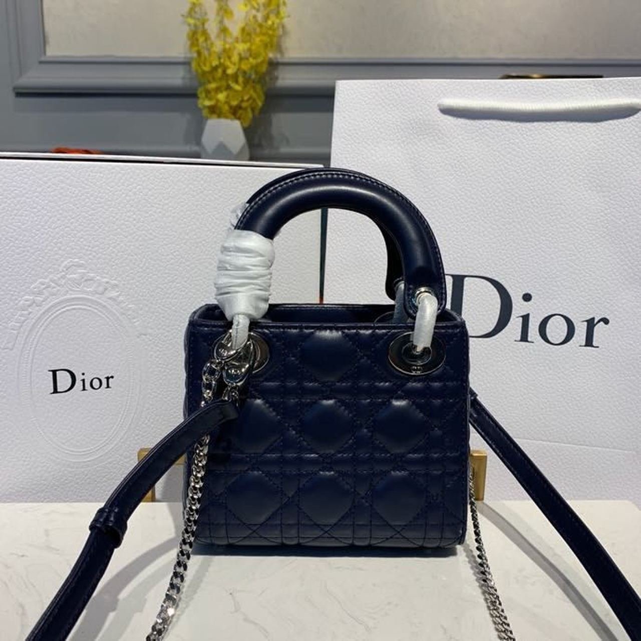 Christian Dior Mini Lady Dior Bag 18cm with Chain Silver Hardware Lambskin Leather Spring/Summer Collection, Navy Blue