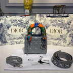 Christian Dior Mini Lady Dior Bag 18cm with Chain and Embellished Bag Strap Silver Hardware Lambskin Leather Spring/Summer Collection, Pearl Grey