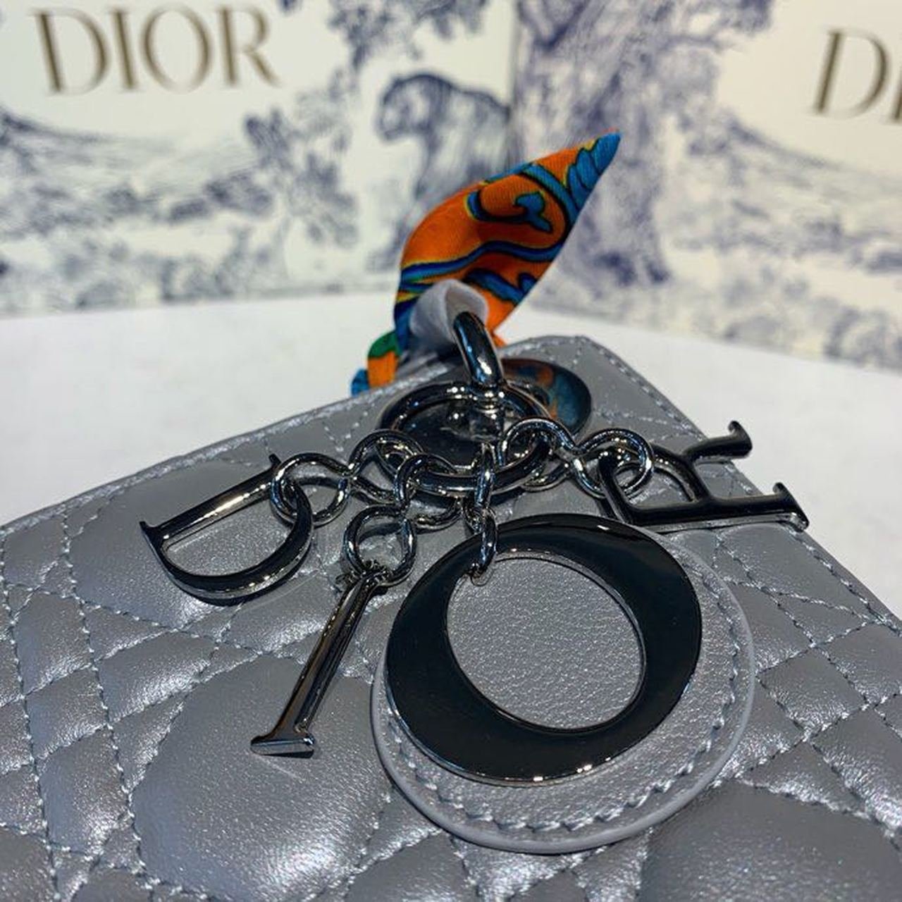 Christian Dior Mini Lady Dior Bag 18cm with Chain and Embellished Bag Strap Silver Hardware Lambskin Leather Spring/Summer Collection, Pearl Grey