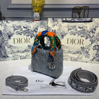 Christian Dior Mini Lady Dior Bag 18cm with Chain and Embellished Bag Strap Silver Hardware Lambskin Leather Spring/Summer Collection, Pearl Grey