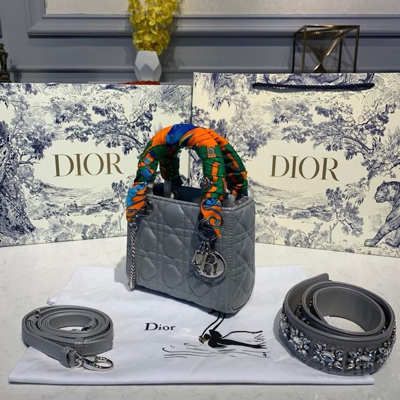 Christian Dior Mini Lady Dior Bag 18cm with Chain and Embellished Bag Strap Silver Hardware Lambskin Leather Spring/Summer Collection, Pearl Grey