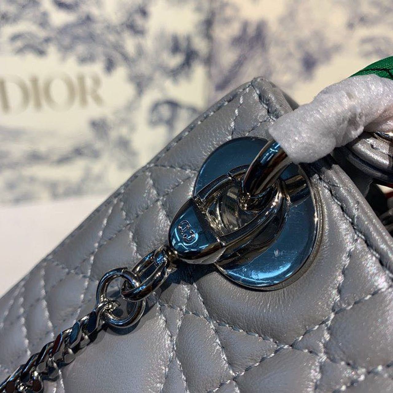 Christian Dior Mini Lady Dior Bag 18cm with Chain and Embellished Bag Strap Silver Hardware Lambskin Leather Spring/Summer Collection, Pearl Grey