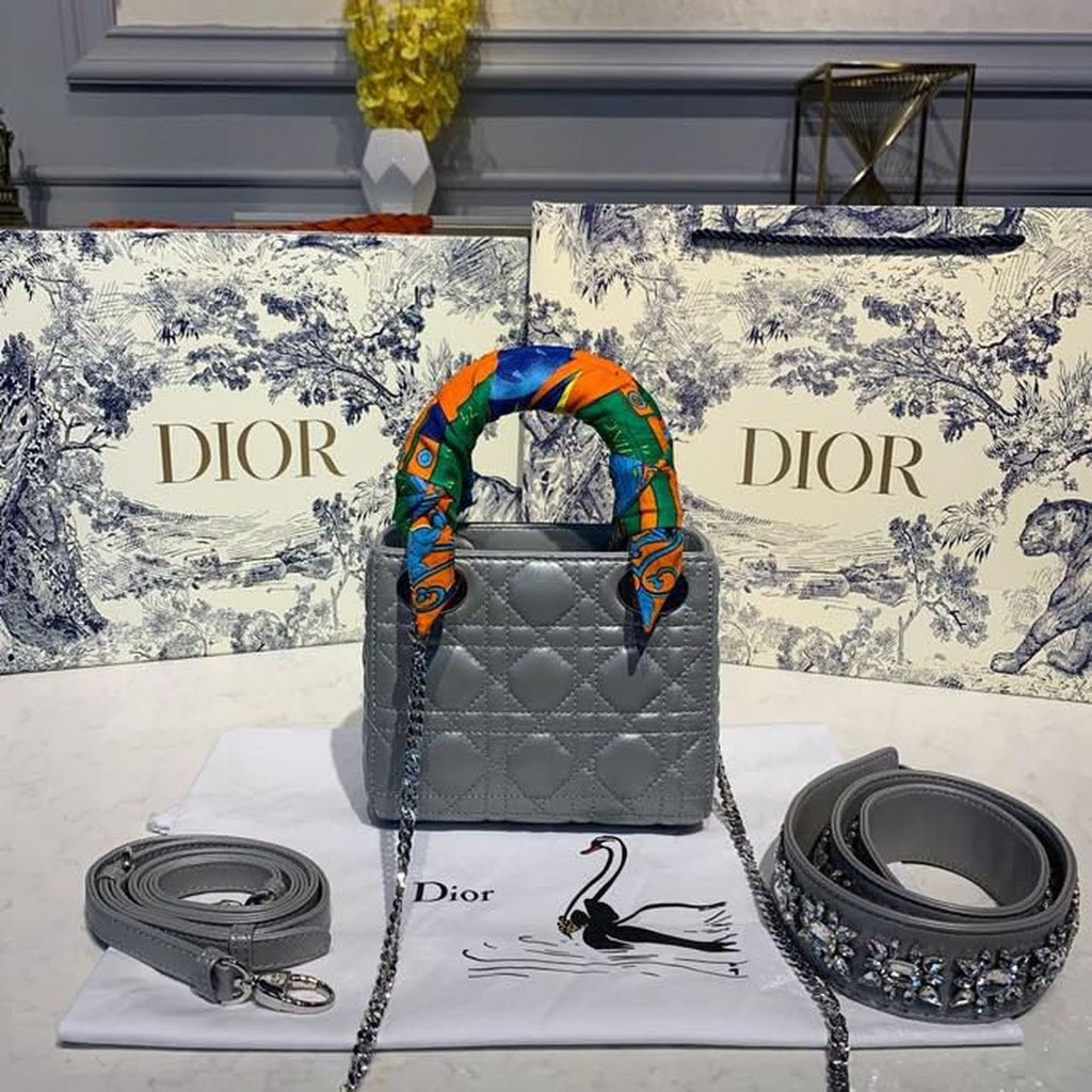 Christian Dior Mini Lady Dior Bag 18cm with Chain and Embellished Bag Strap Silver Hardware Lambskin Leather Spring/Summer Collection, Pearl Grey