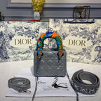 Christian Dior Mini Lady Dior Bag 18cm with Chain and Embellished Bag Strap Silver Hardware Lambskin Leather Spring/Summer Collection, Pearl Grey