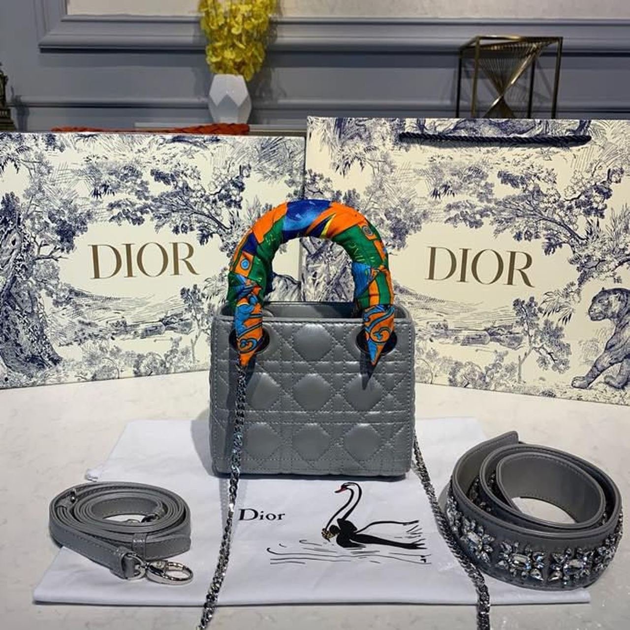 Christian Dior Mini Lady Dior Bag 18cm with Chain and Embellished Bag Strap Silver Hardware Lambskin Leather Spring/Summer Collection, Pearl Grey
