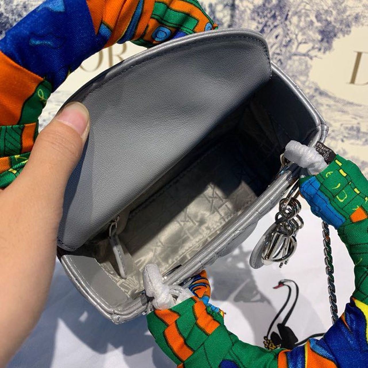 Christian Dior Mini Lady Dior Bag 18cm with Chain and Embellished Bag Strap Silver Hardware Lambskin Leather Spring/Summer Collection, Pearl Grey