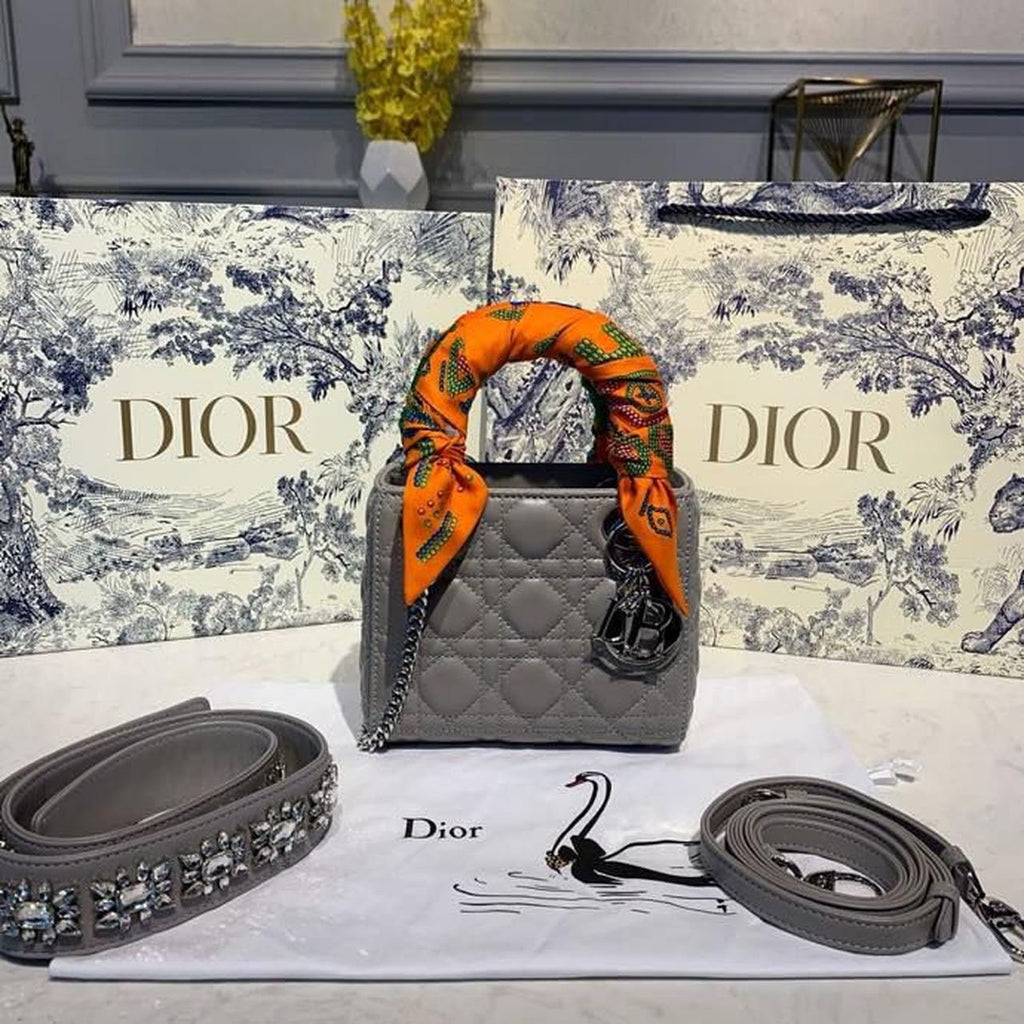 Christian Dior Mini Lady Dior Bag 18cm with Chain and Embellished Bag Strap Silver Hardware Lambskin Leather Spring/Summer Collection, Grey