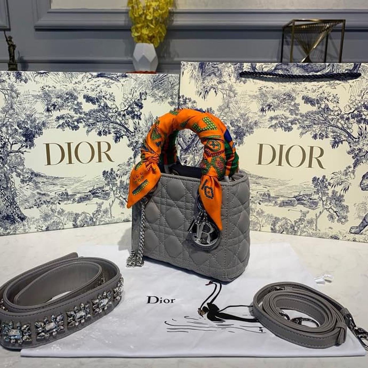 Christian Dior Mini Lady Dior Bag 18cm with Chain and Embellished Bag Strap Silver Hardware Lambskin Leather Spring/Summer Collection, Grey