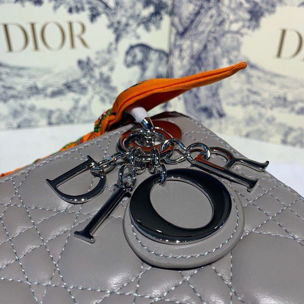 Christian Dior Mini Lady Dior Bag 18cm with Chain and Embellished Bag Strap Silver Hardware Lambskin Leather Spring/Summer Collection, Grey