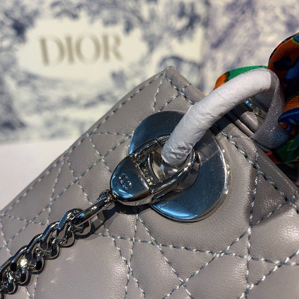 Christian Dior Mini Lady Dior Bag 18cm with Chain and Embellished Bag Strap Silver Hardware Lambskin Leather Spring/Summer Collection, Grey