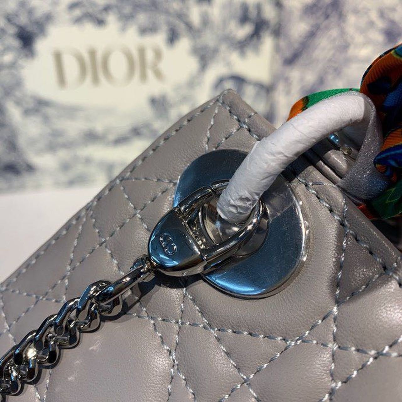 Christian Dior Mini Lady Dior Bag 18cm with Chain and Embellished Bag Strap Silver Hardware Lambskin Leather Spring/Summer Collection, Grey