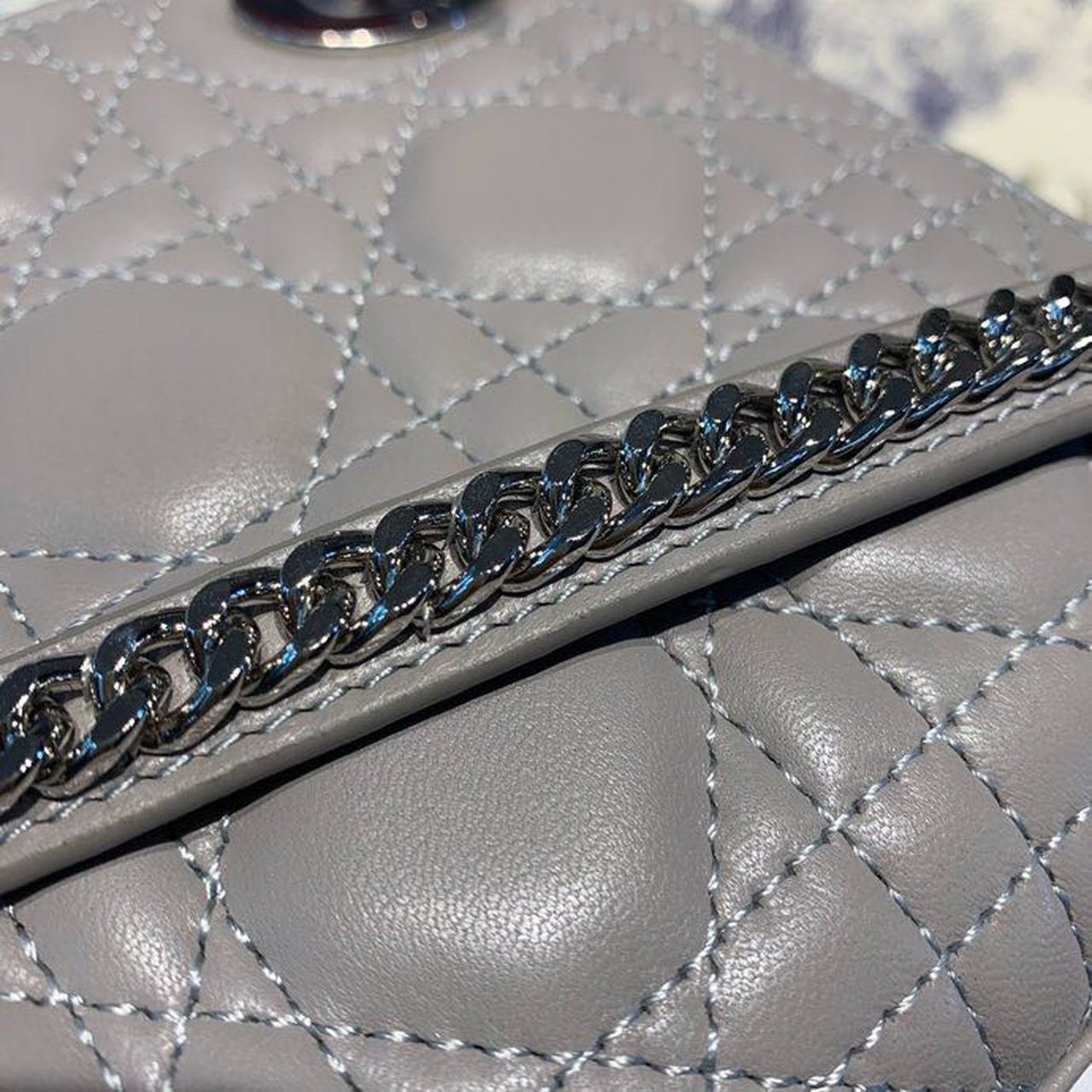 Christian Dior Mini Lady Dior Bag 18cm with Chain and Embellished Bag Strap Silver Hardware Lambskin Leather Spring/Summer Collection, Grey