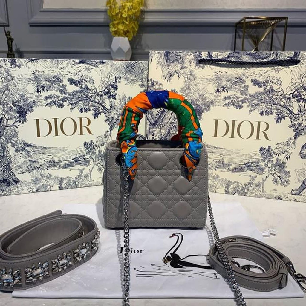Christian Dior Mini Lady Dior Bag 18cm with Chain and Embellished Bag Strap Silver Hardware Lambskin Leather Spring/Summer Collection, Grey
