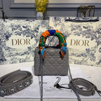 Christian Dior Mini Lady Dior Bag 18cm with Chain and Embellished Bag Strap Silver Hardware Lambskin Leather Spring/Summer Collection, Grey