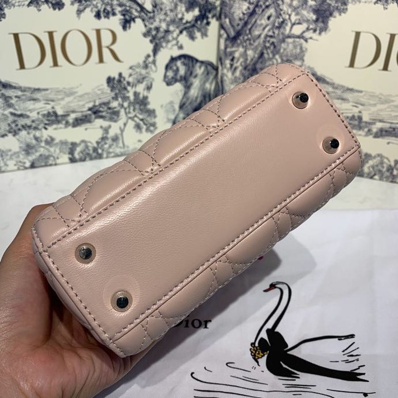 Christian Dior Mini Lady Dior Bag 18cm with Chain and Embellished Bag Strap Silver Hardware Lambskin Leather Spring/Summer Collection, Pink