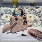 Christian Dior Lady Dior Bag 20cm Silver Hardware with Embellished Bag Strap Lambskin Leather Spring/Summer Collection