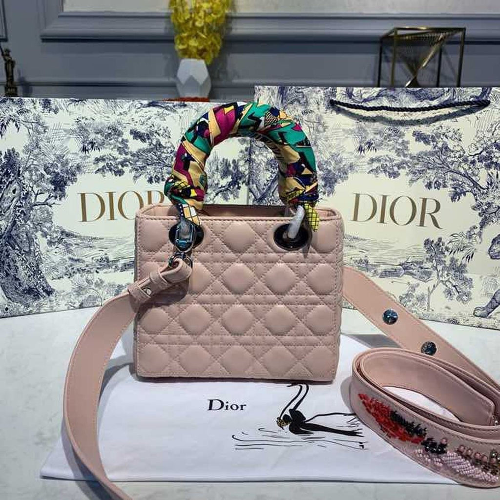 Christian Dior Lady Dior Bag 20cm Silver Hardware with Embellished Bag Strap Lambskin Leather Spring/Summer Collection