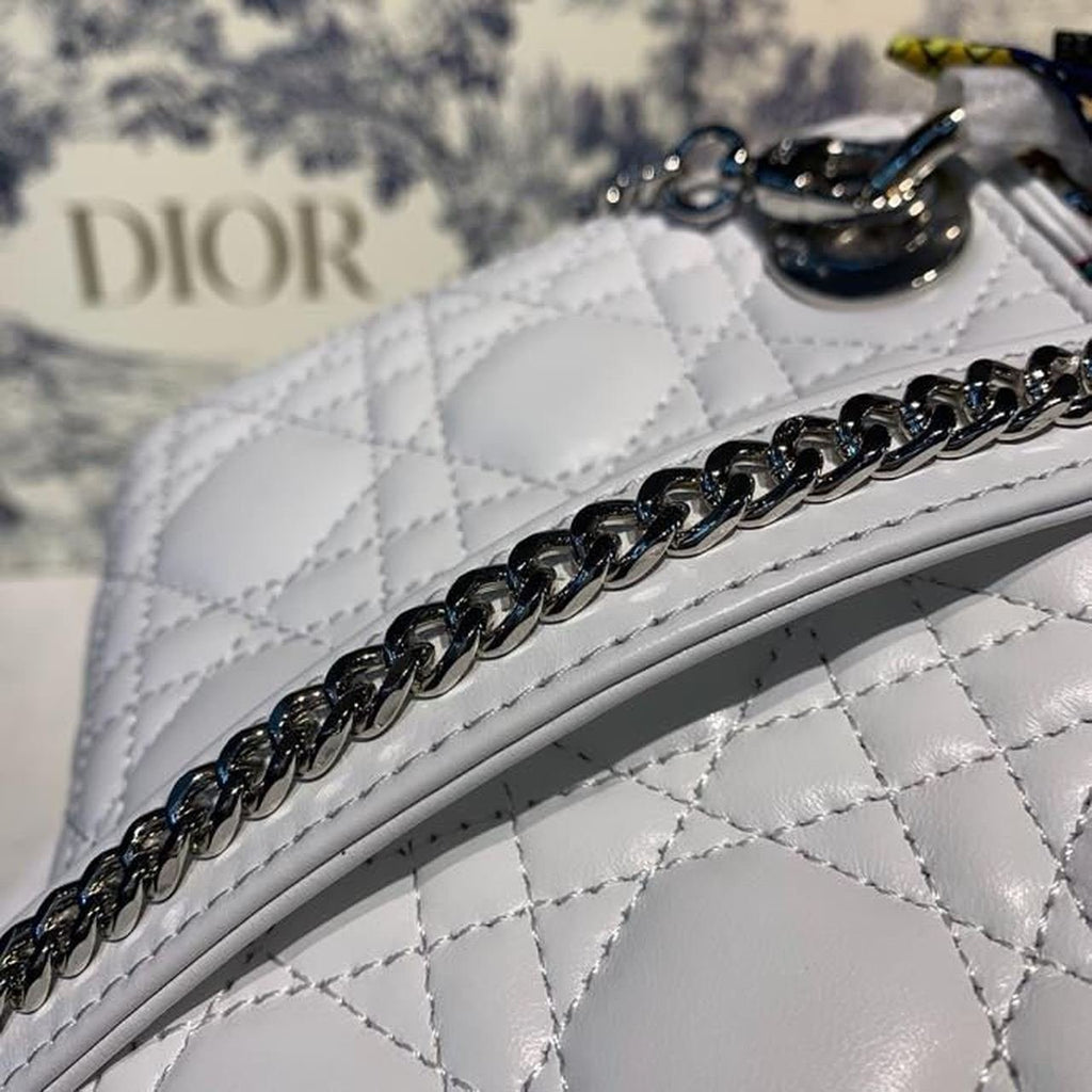 Christian Dior Mini Lady Dior Bag 18cm with Chain and Embellished Bag Strap Silver Hardware Lambskin Leather Spring/Summer Collection, White