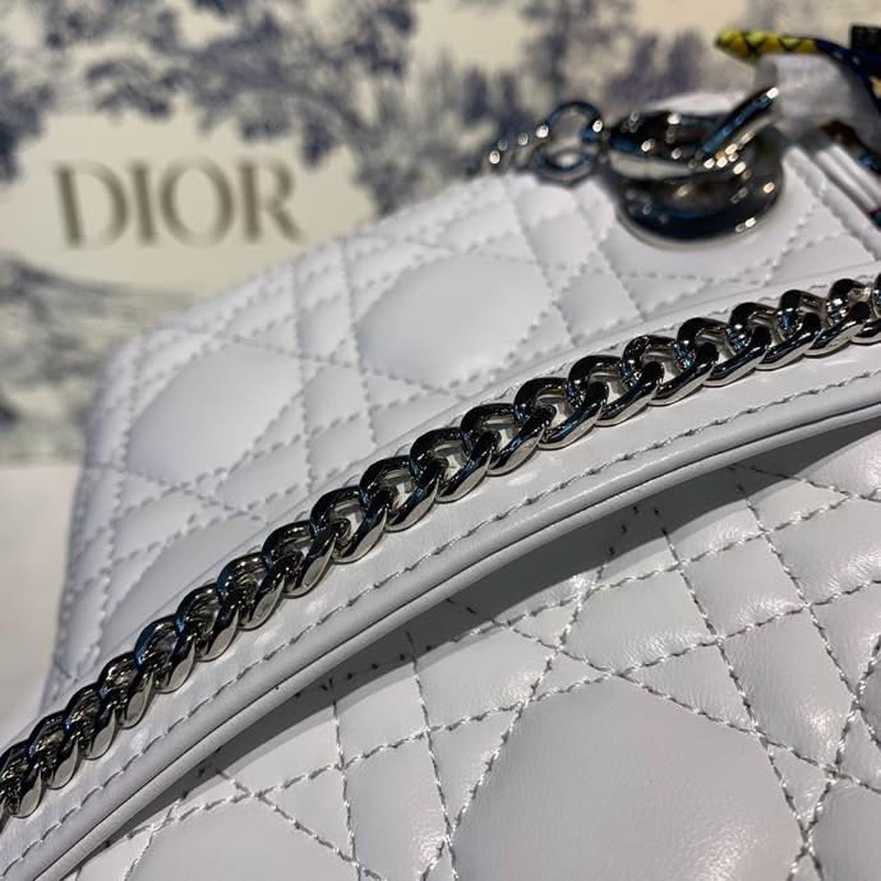 Christian Dior Mini Lady Dior Bag 18cm with Chain and Embellished Bag Strap Silver Hardware Lambskin Leather Spring/Summer Collection, White