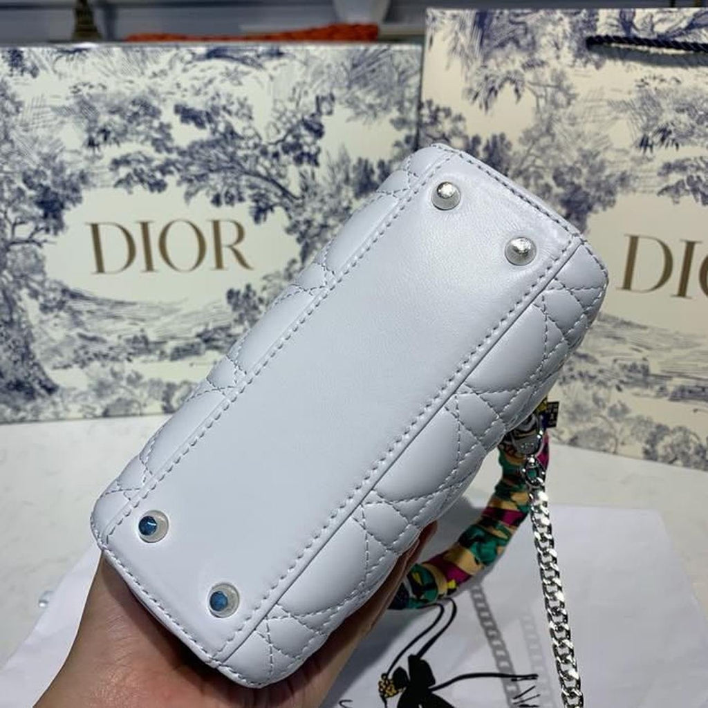 Christian Dior Mini Lady Dior Bag 18cm with Chain and Embellished Bag Strap Silver Hardware Lambskin Leather Spring/Summer Collection, White