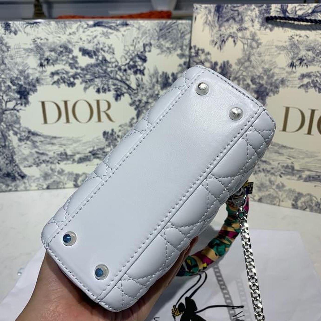 Christian Dior Mini Lady Dior Bag 18cm with Chain and Embellished Bag Strap Silver Hardware Lambskin Leather Spring/Summer Collection, White
