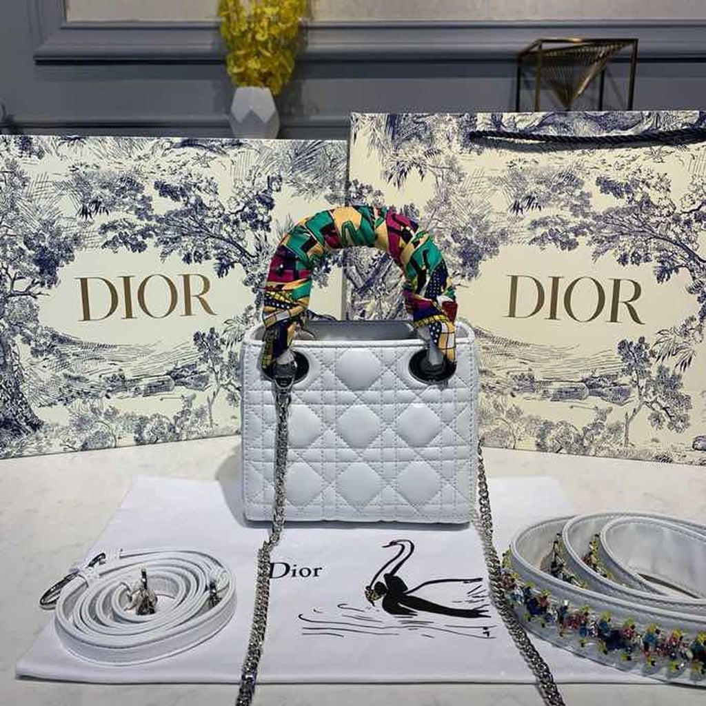 Christian Dior Mini Lady Dior Bag 18cm with Chain and Embellished Bag Strap Silver Hardware Lambskin Leather Spring/Summer Collection, White