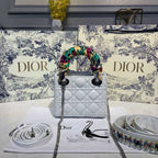 Christian Dior Mini Lady Dior Bag 18cm with Chain and Embellished Bag Strap Silver Hardware Lambskin Leather Spring/Summer Collection, White
