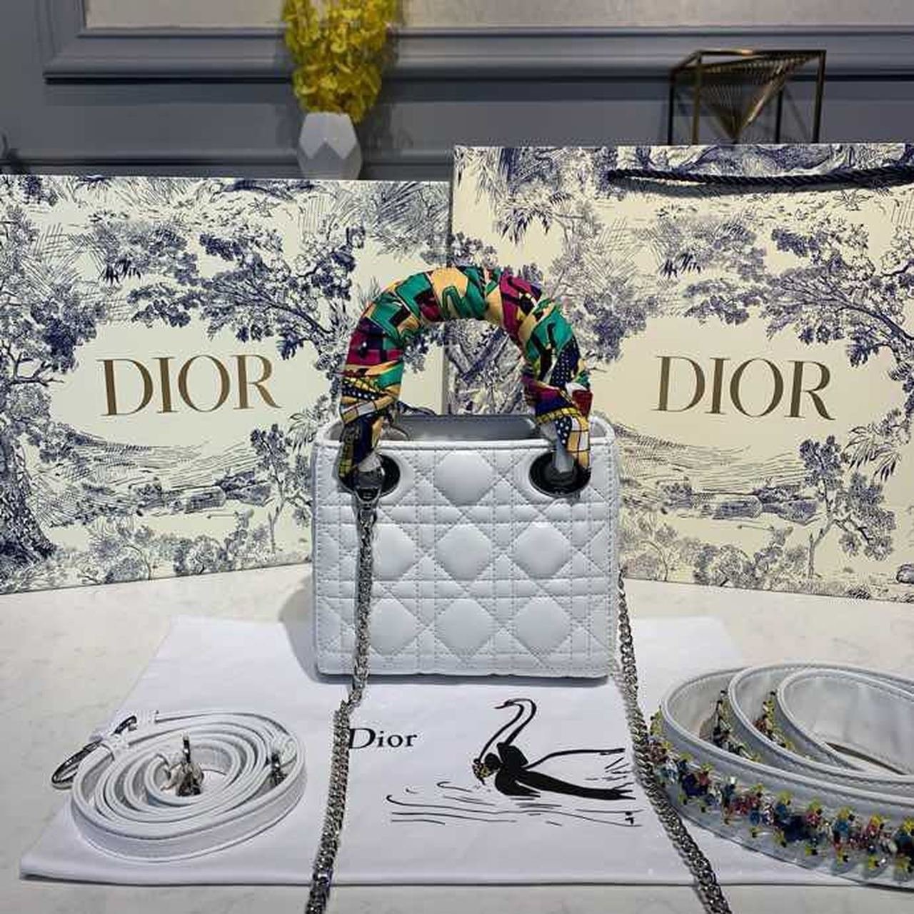 Christian Dior Mini Lady Dior Bag 18cm with Chain and Embellished Bag Strap Silver Hardware Lambskin Leather Spring/Summer Collection, White