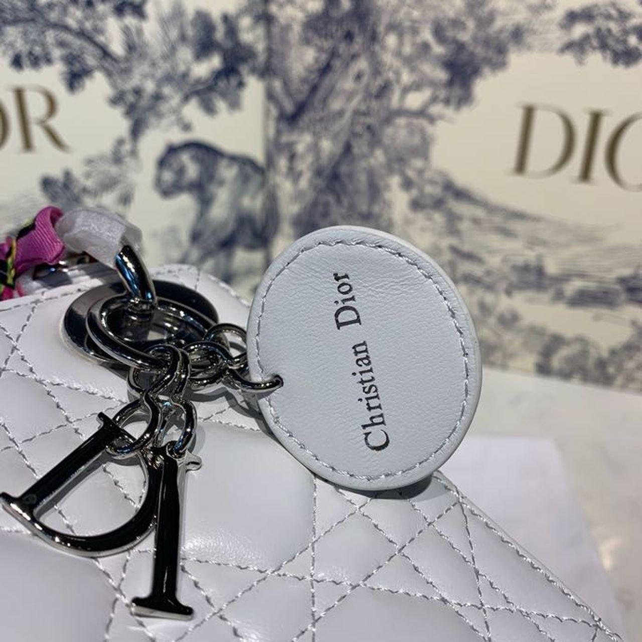 Christian Dior Mini Lady Dior Bag 18cm with Chain and Embellished Bag Strap Silver Hardware Lambskin Leather Spring/Summer Collection, White