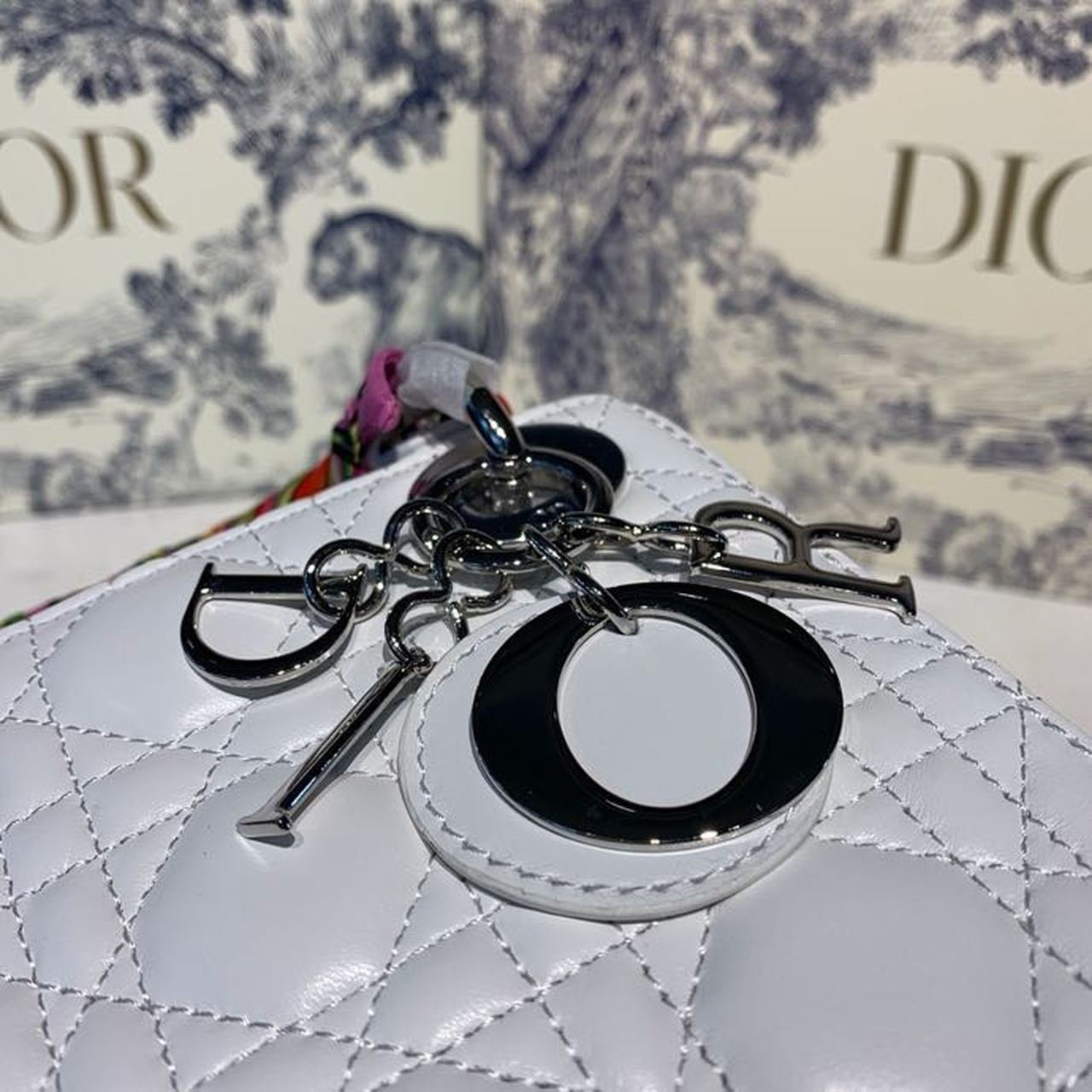 Christian Dior Mini Lady Dior Bag 18cm with Chain and Embellished Bag Strap Silver Hardware Lambskin Leather Spring/Summer Collection, White