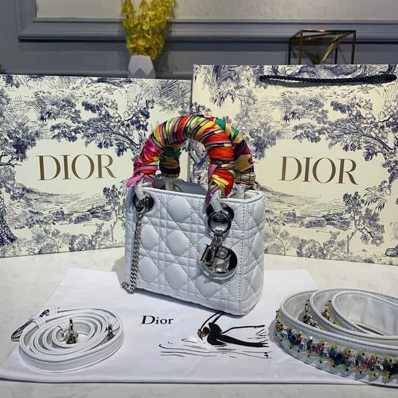 Christian Dior Mini Lady Dior Bag 18cm with Chain and Embellished Bag Strap Silver Hardware Lambskin Leather Spring/Summer Collection, White