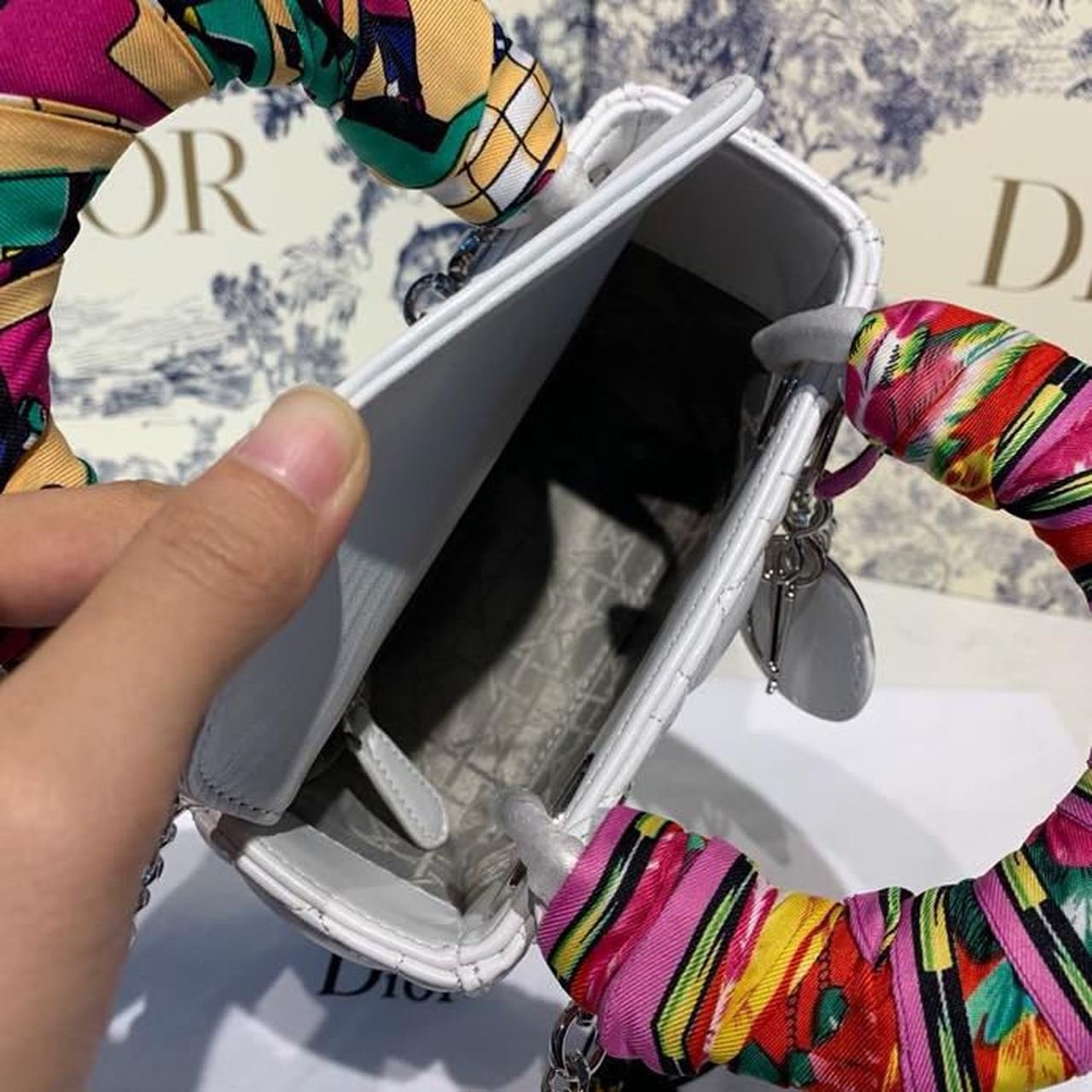 Christian Dior Mini Lady Dior Bag 18cm with Chain and Embellished Bag Strap Silver Hardware Lambskin Leather Spring/Summer Collection, White