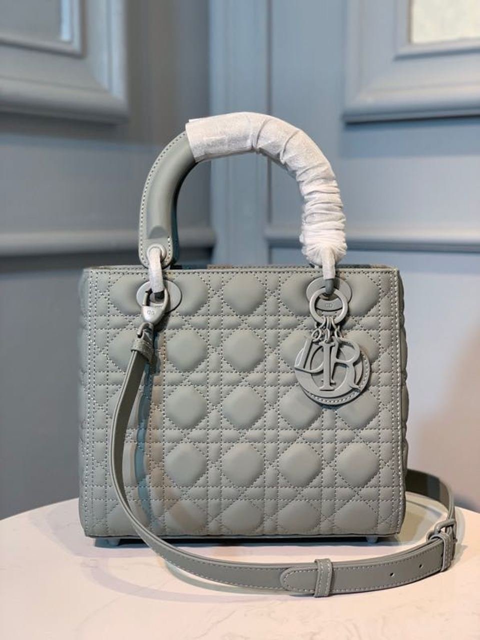 Christian Dior Lady Dior Bag 24cm Matte Hardware Lambskin Leather Spring/Summer Collection, Pewter Blue