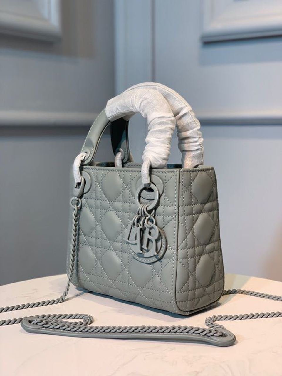 Christian Dior Mini Lady Dior Bag 18cm with Chain Matte Hardware Lambskin Leather Spring/Summer Collection, Pewter Blue