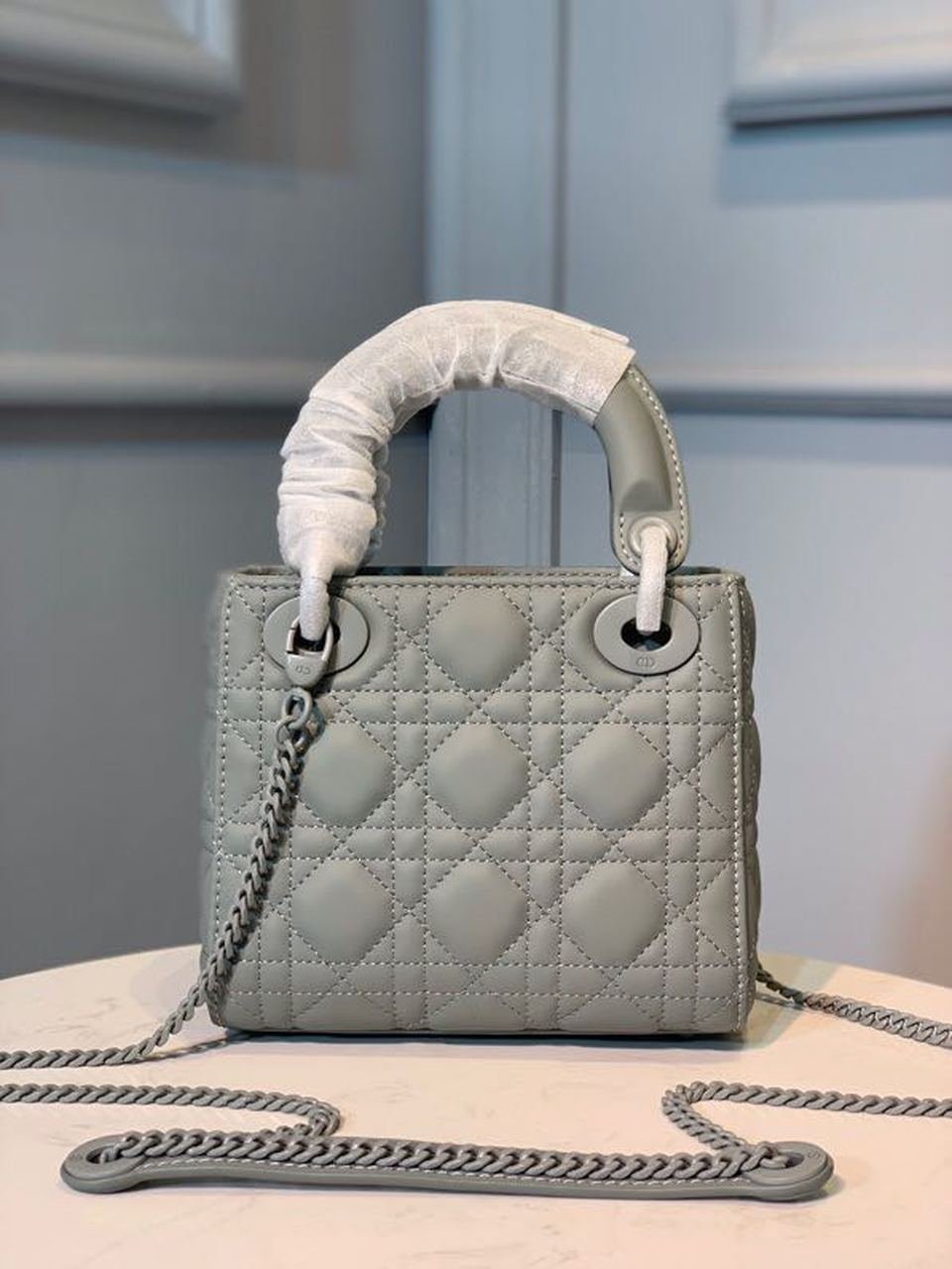 Christian Dior Mini Lady Dior Bag 18cm with Chain Matte Hardware Lambskin Leather Spring/Summer Collection, Pewter Blue