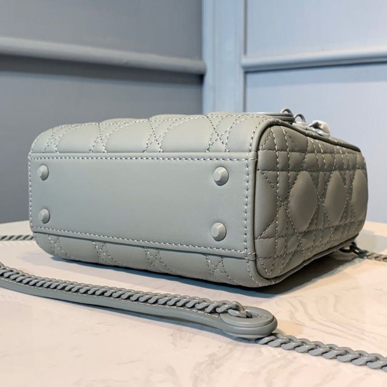 Christian Dior Mini Lady Dior Bag 18cm with Chain Matte Hardware Lambskin Leather Spring/Summer Collection, Pewter Blue