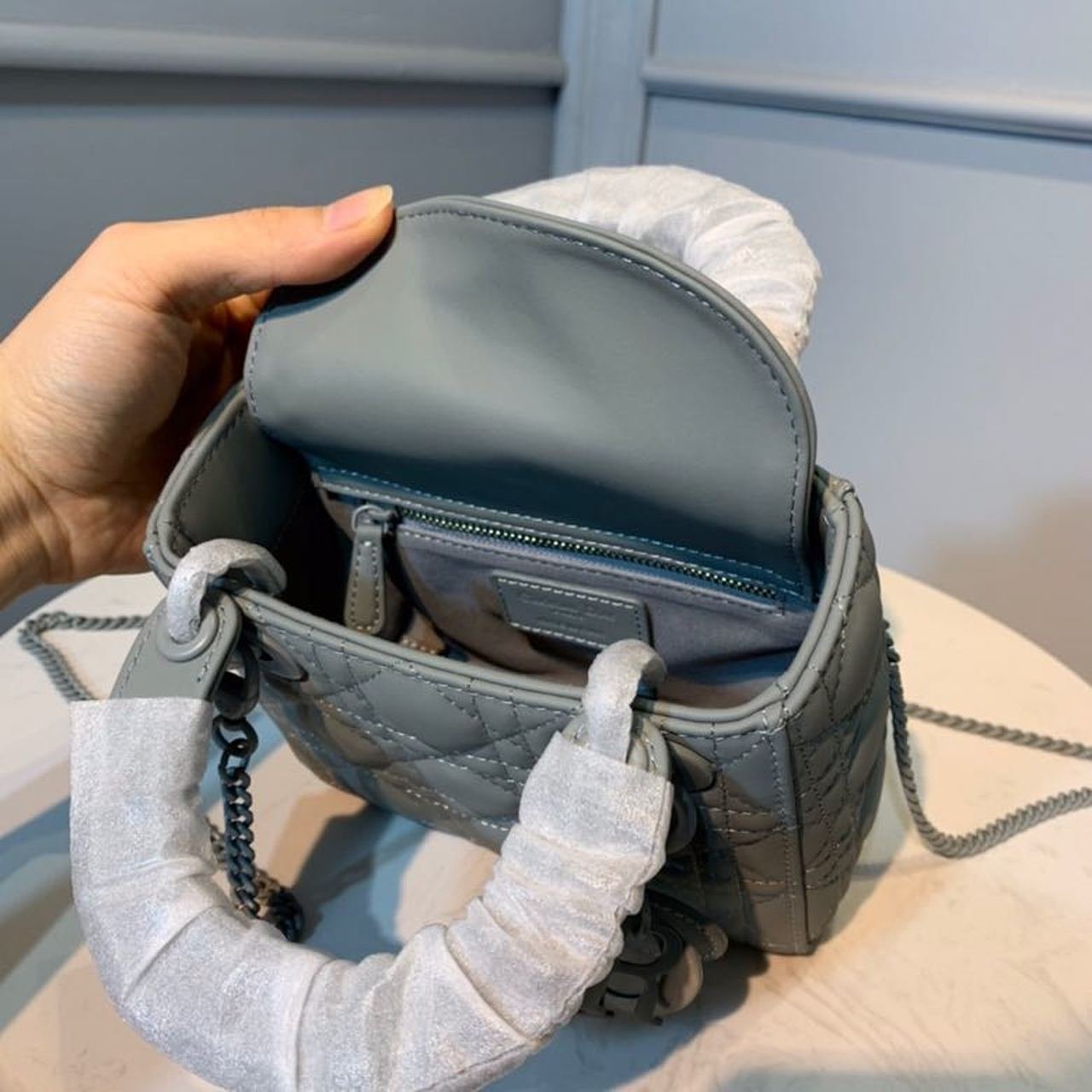 Christian Dior Mini Lady Dior Bag 18cm with Chain Matte Hardware Lambskin Leather Spring/Summer Collection, Pewter Blue