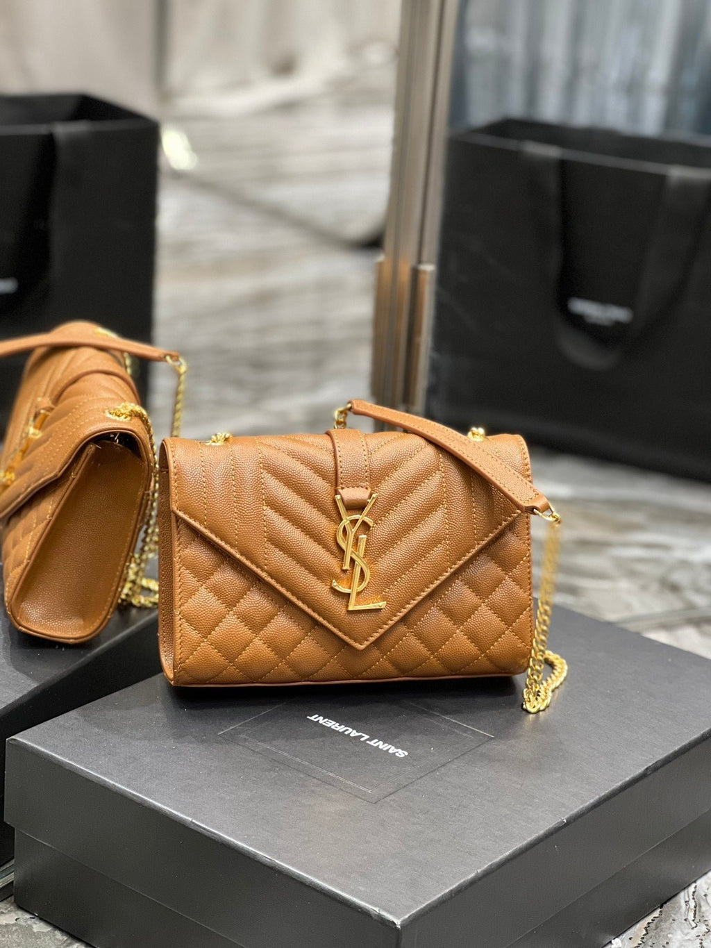 Saint Laurent Small Bag In Mix Matelasse 21cm Brown