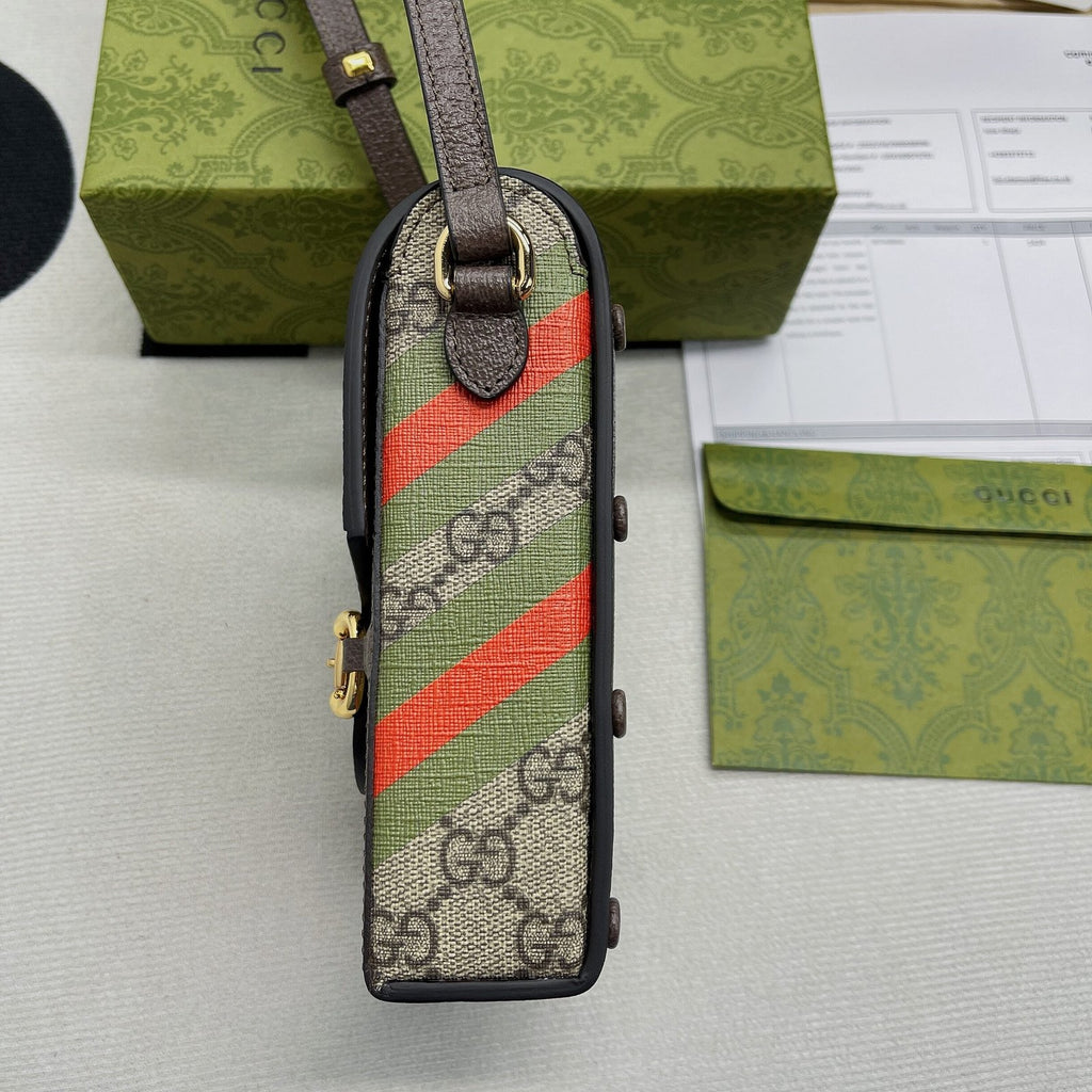 Gucci Horsebit 1955 Mini Bag Beige And Ebony GG Supreme Canvas With Geometric Print For Women 6.7in/17cm