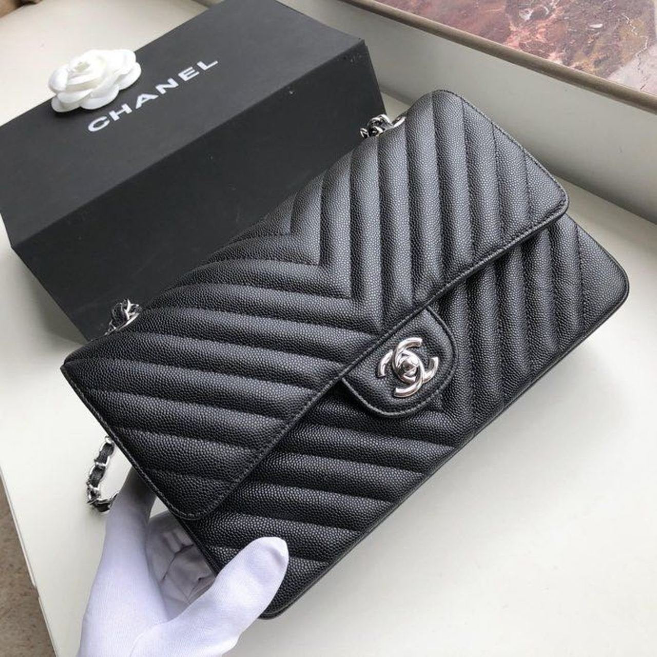 Chanel Chevron Classic Flap Bag 25cm Silver Hardware Caviar Leather Spring/Summer Collection Black