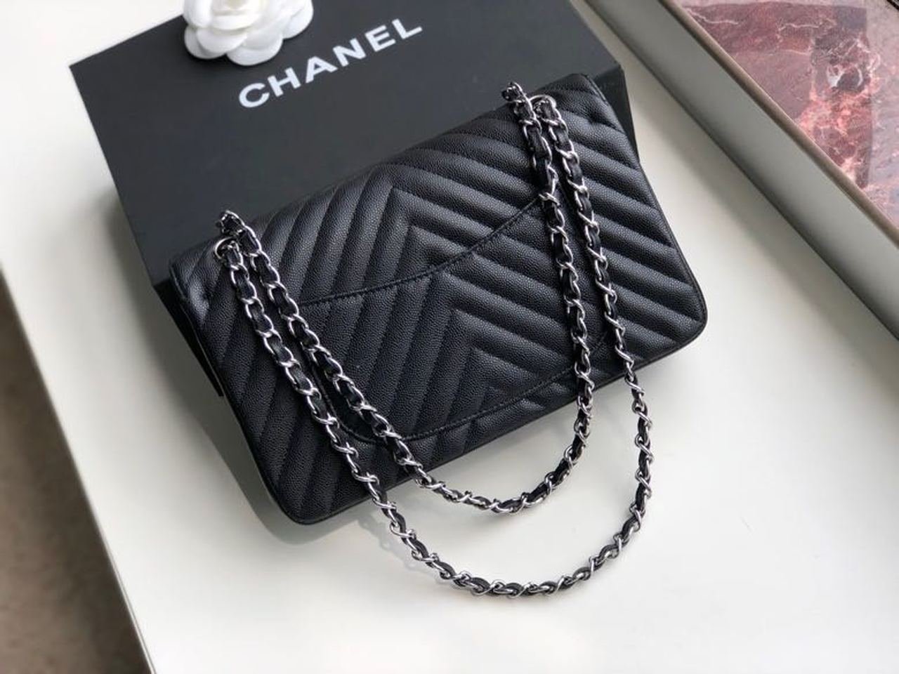 Chanel Chevron Classic Flap Bag 25cm Silver Hardware Caviar Leather Spring/Summer Collection Black