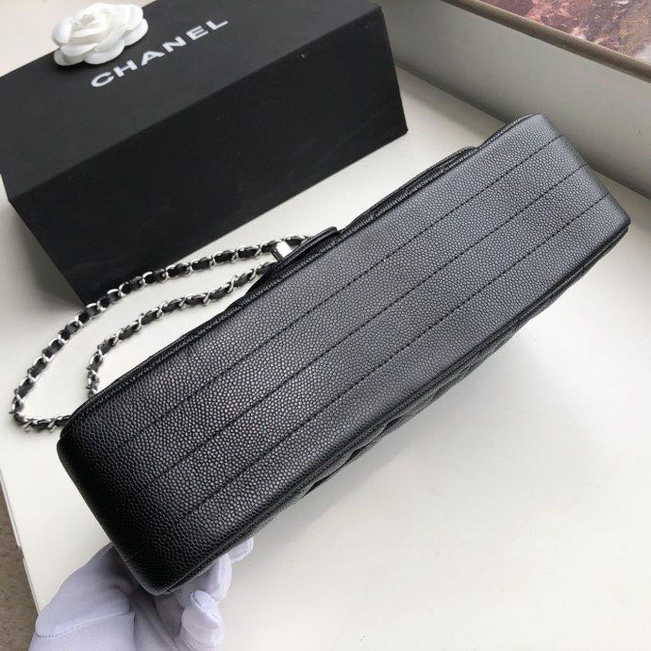 Chanel Chevron Classic Flap Bag 25cm Silver Hardware Caviar Leather Spring/Summer Collection Black