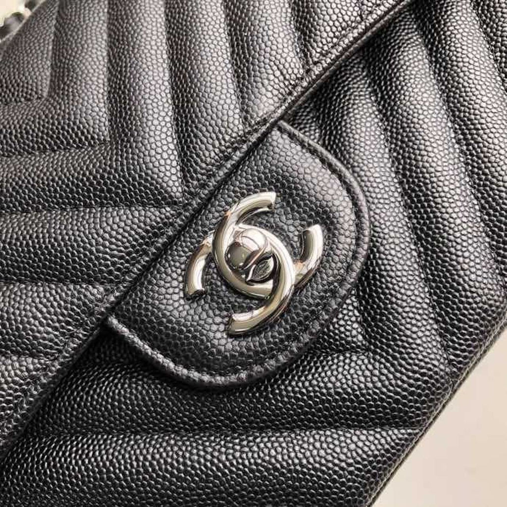 Chanel Chevron Classic Flap Bag 25cm Silver Hardware Caviar Leather Spring/Summer Collection Black