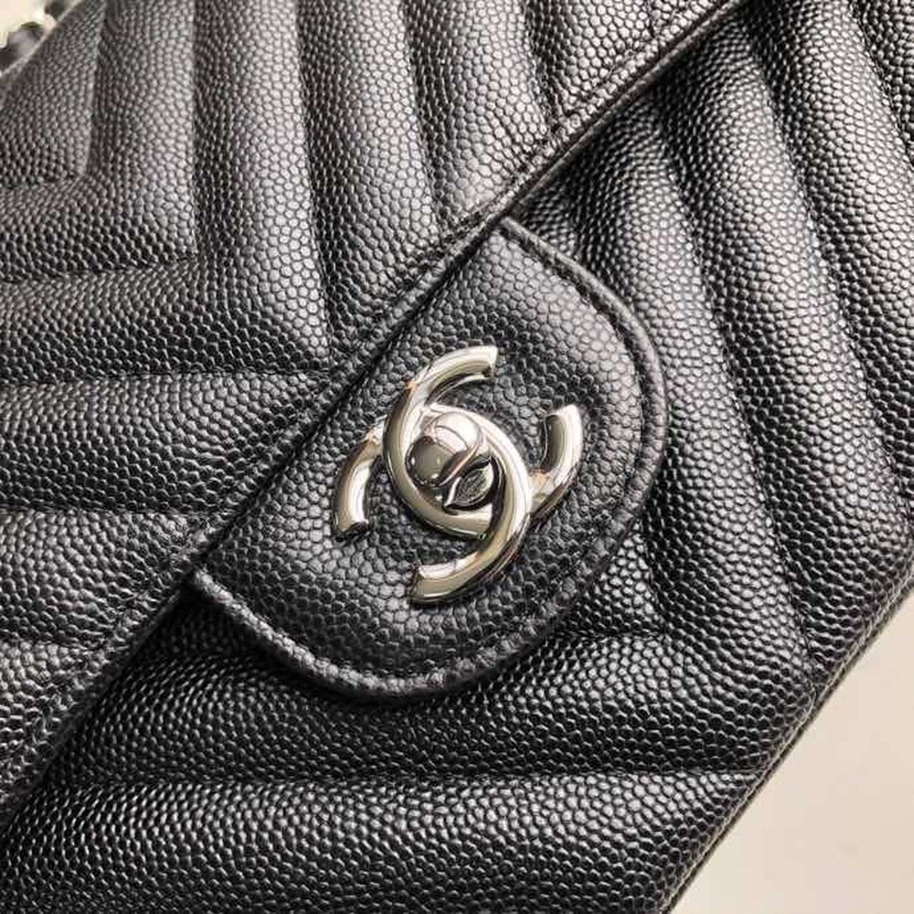 Chanel Chevron Classic Flap Bag 25cm Silver Hardware Caviar Leather Spring/Summer Collection Black