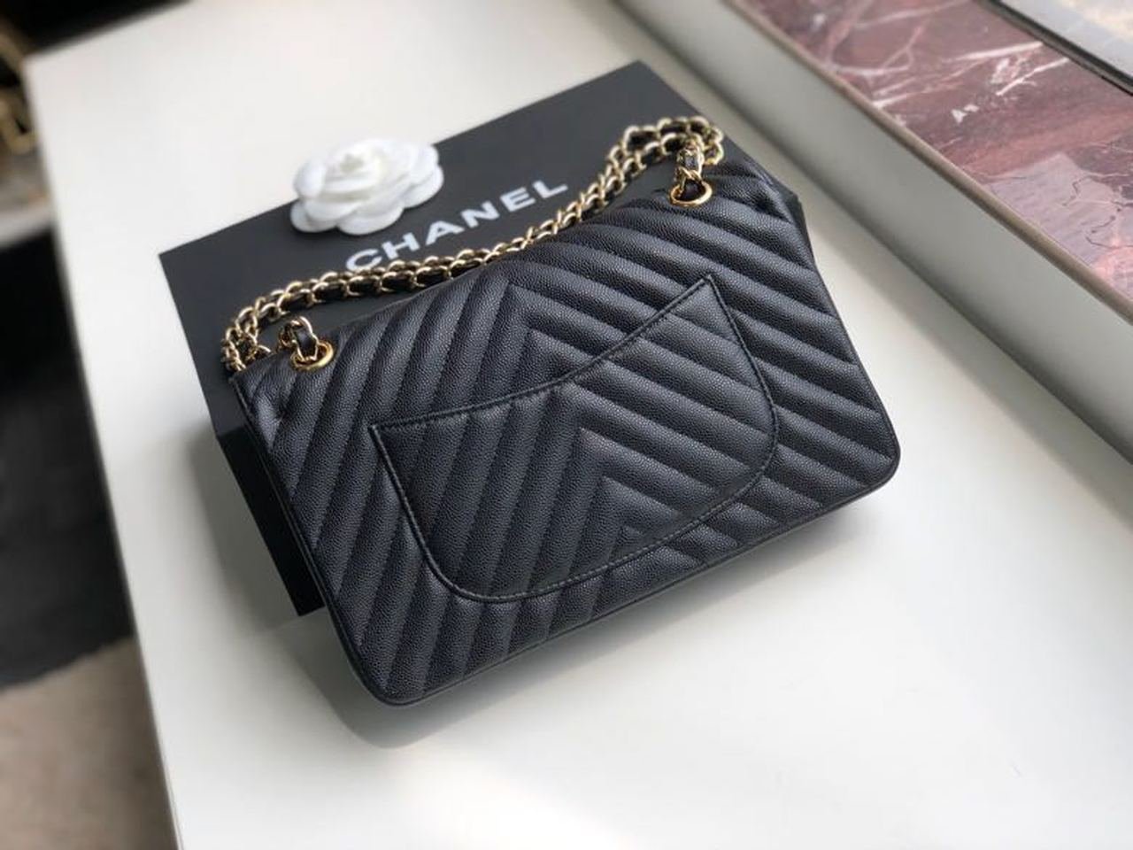Chanel Chevron Classic Flap Bag 25cm Gold Hardware Caviar Leather Spring/Summer Collection Black