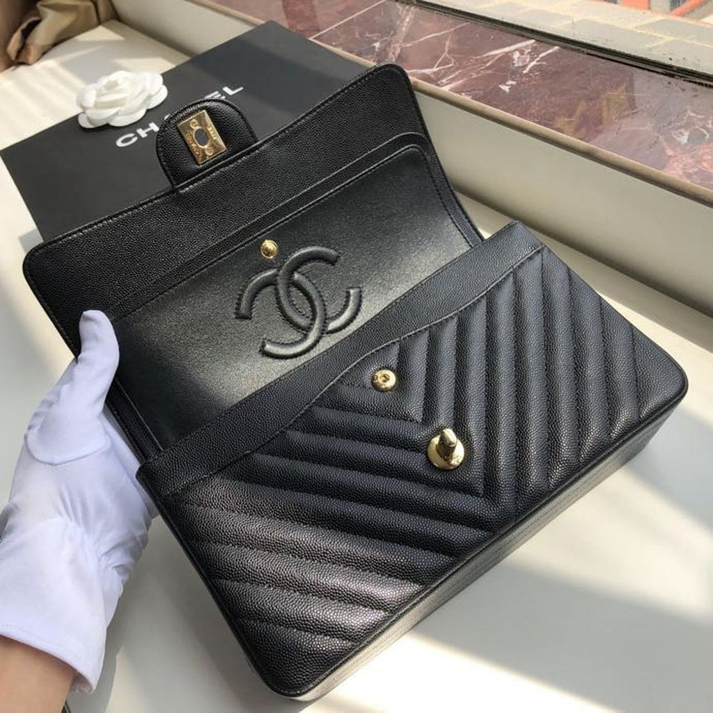 Chanel Chevron Classic Flap Bag 25cm Gold Hardware Caviar Leather Spring/Summer Collection Black